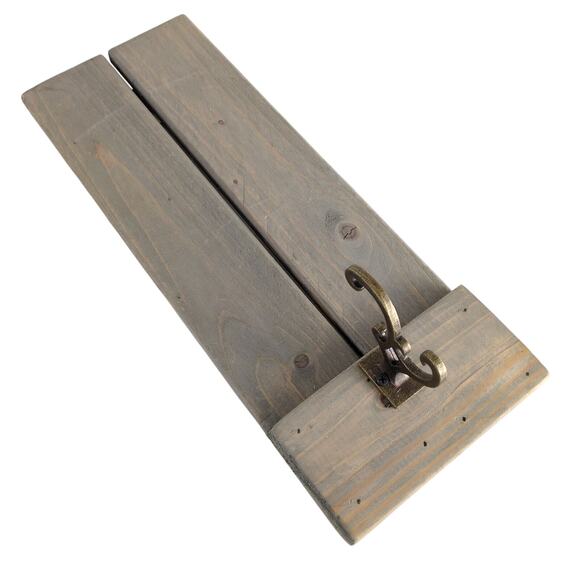 Rustic Wood Slat Wall Hook Hat Coat Rack 18x7" Gray Wash, Brass Double Scroll - Picture 4 of 7